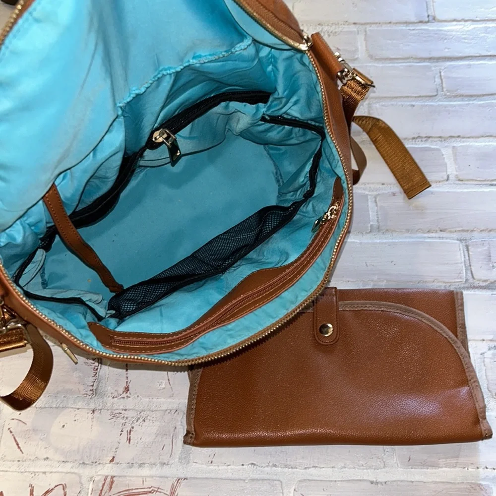 Faux leather brown cognac tan large backpack diaper bag